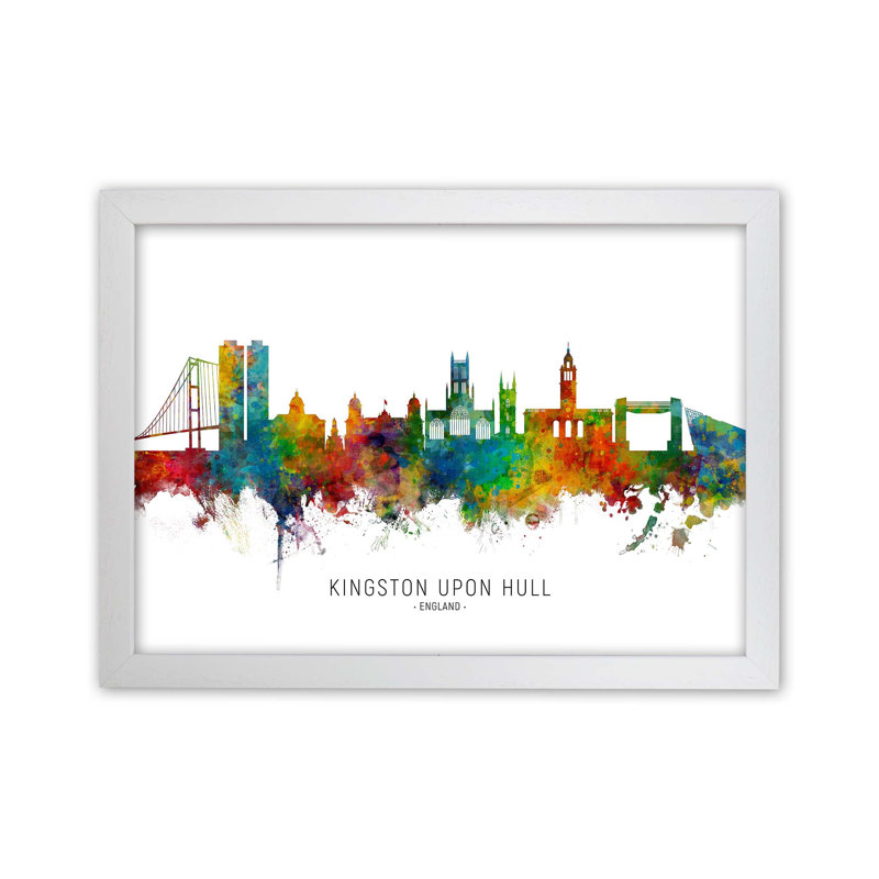 Kingston Upon Hull England Skyline by Michael Tompsett - Print, 64cm H x 88cm W x 3cm D, White Framed