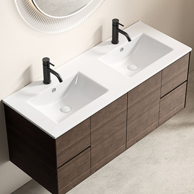 Lavabo à double cuve en céramique blanc laiteux, conception à rebord mince de 121 x 46 17 cm, aspect traditionnel américain, finition émaillée, emballage sécuritaire, bord en porcelaine à solutions d'installation multiples, esthétique, glacis,