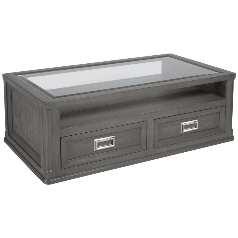 Gray Rectangular Wood and Glass Cocktail Table with Storage