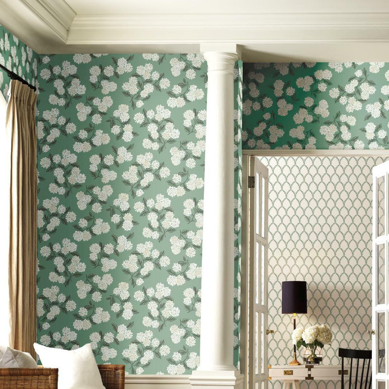 Papier peint 27 'x 27 "Hydrangea, Vert/blanc