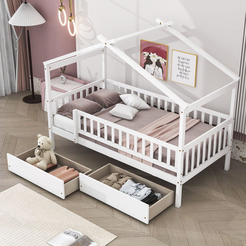 Heulwen Two Drawers Wooden House Bed, White, Twin