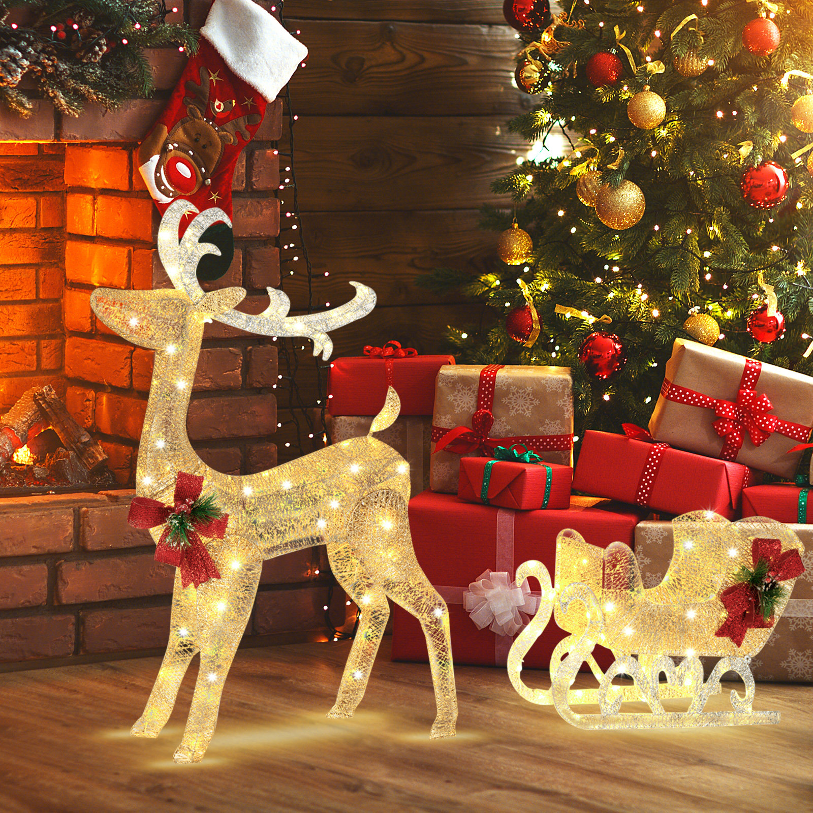 Lighted Christmas Reindeer and Santa's Sleigh