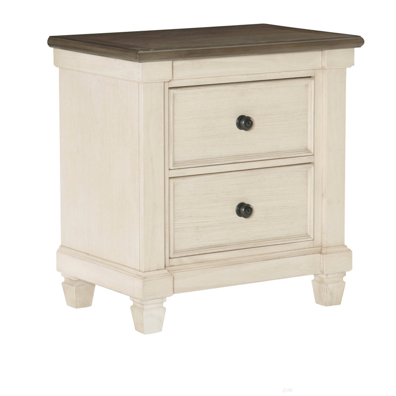 Table de chevet 1Pc de meubles de chambre à coucher 2X tiroirs blanc antique et brun rosé, style rustique transitionnel