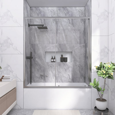 Single Sliding Shower Door For Bathtub, 60 X 62 Inch, 1/5 Inch Clear Tempered Glass,Chrome