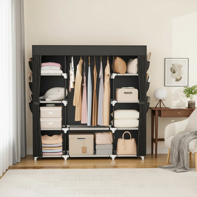 57.3-Inch Gray Freestanding Portable Wardrobe For Hanging Clothes, Large Capacity Hangers With Lids, 10 Storage Shelves, 1 Hanging Rod, And 6 Pockets. by Ebern Designs