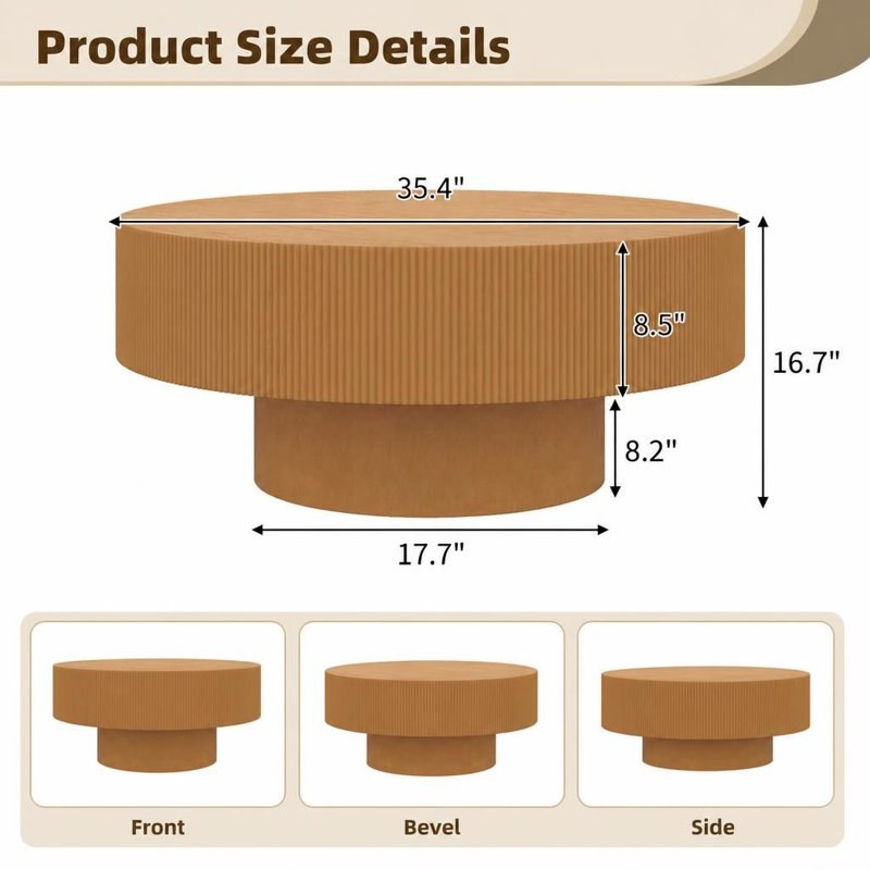 Table basse ronde moderne avec plateau de table épais, table centrale cannelée minimaliste facile à assembler, table d'appoint robuste de style tambour
