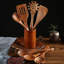 Ensemble d'ustensiles de cuisine 8 pièces en bois de teck naturel avec baril de rangement pour batterie de cuisine antiadhésive