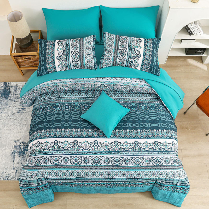 8-Piece Bohemian Striped Bedding Quilt Set Comforter and Sheet Set Soft Microfiber Complete Bedding Sets for All Season, Teal