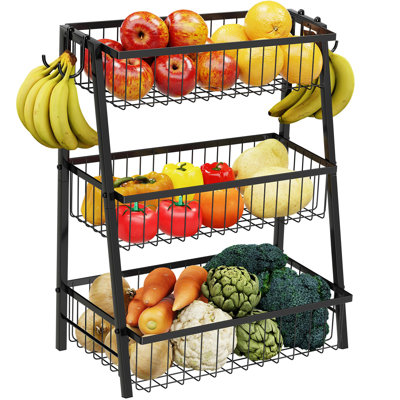 3-Tier Trapezoidal Fruit Basket With 4 Banana Hooks, Extra Large Metal Wire Kitchen Organizer For Countertop - Rust-Proof, Black