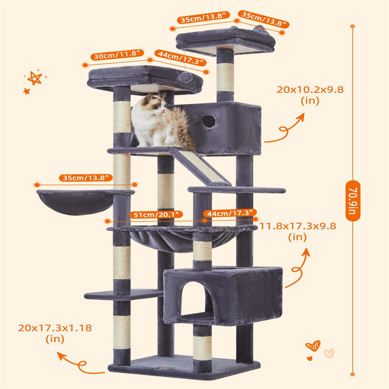 Arbre à chat Ersida, H 70,87 po x l 17,32 po x L 20,08 po, Gris foncé
