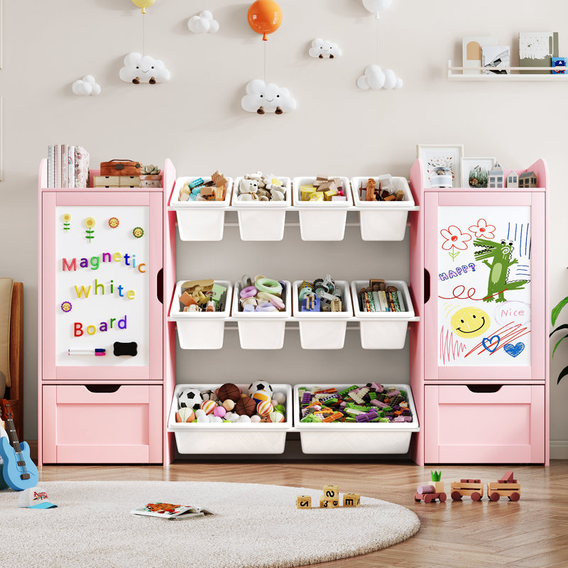 Rangement pour jouets de 168 cm de large avec 10 bacs en plastique, tablette et rangement pour jouets pour enfants avec 2 tableaux blancs magnétiques, 2 tiroirs et 2 placards pour chambre d'enfant, rose