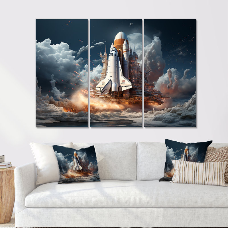 Navette de vaisseau moderne moderne II - ensemble de décoration murale fusée, H 32 po x l 48 po x P 1 po