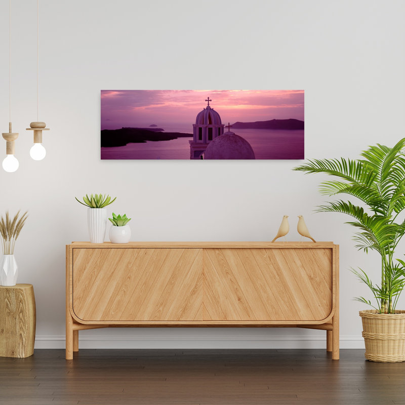 Silhouette d'une église, Église de Santorini, Grèce, art contemporain abstrait abstrait de montagne, H 12 po x l 36 po