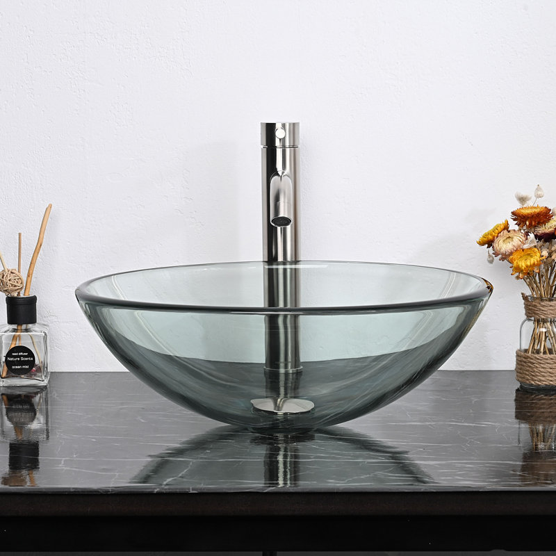 Lavabo de salle de bain vasque circulaire en verre trempé, Transparent