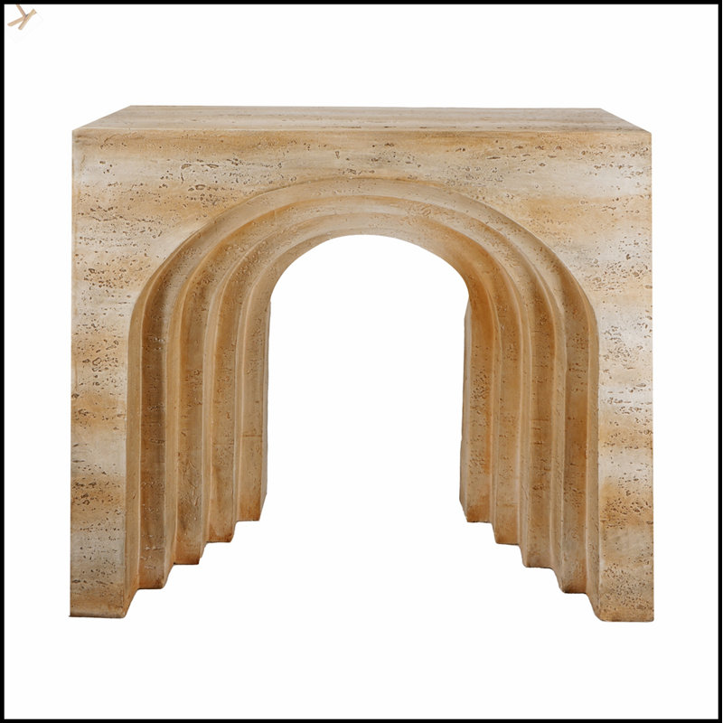 32,3 x 14,2 x 29,9 console arquée sculpturale moderne avec finition en faux travertin beige, parfaite pour une décoration intérieure élégante et durable