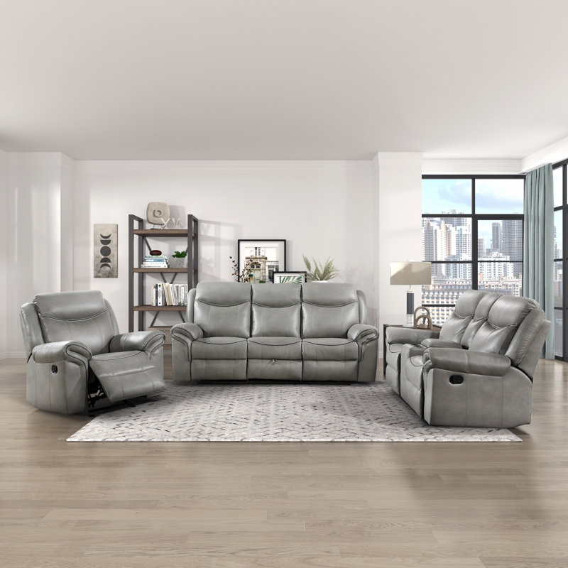 Bayshore Modern & Contemporary Breathable Faux Leather 3-Piece Living Room Set with Integrated Power Console, Tab Pull Recline & USB Charging Ports