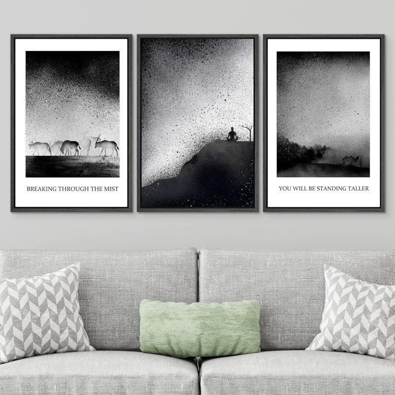 BAW Motivational Typographie - Ensemble de 3 reproductions sur toile, Cadre noir, H 24 po x l 48 po x P 1,5 po