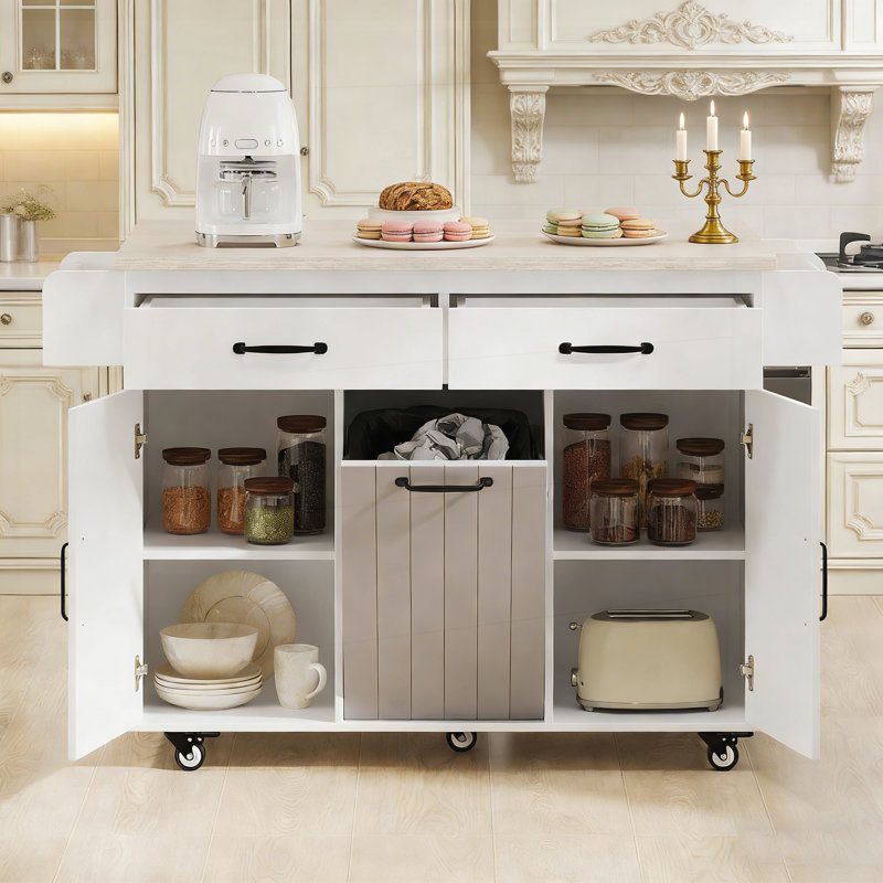 Îlot de cuisine roulant avec poubelle basculante, abattant, tablette réglable et rangement multifonctionnel pour les cuisines modernes.