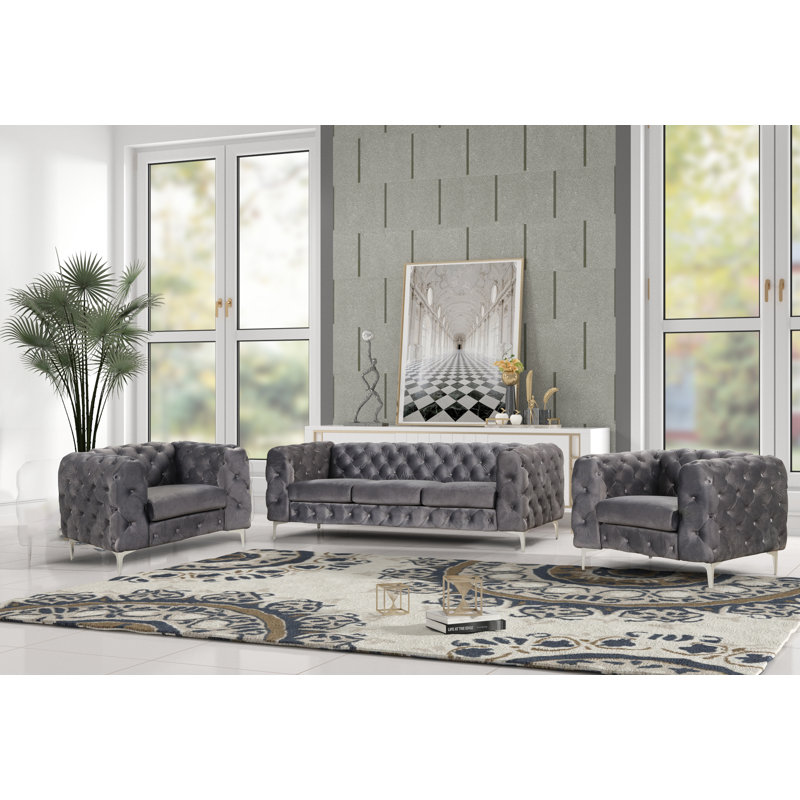 Ensemble de salon en velours 3 pièces Goetten, Gris, Argent