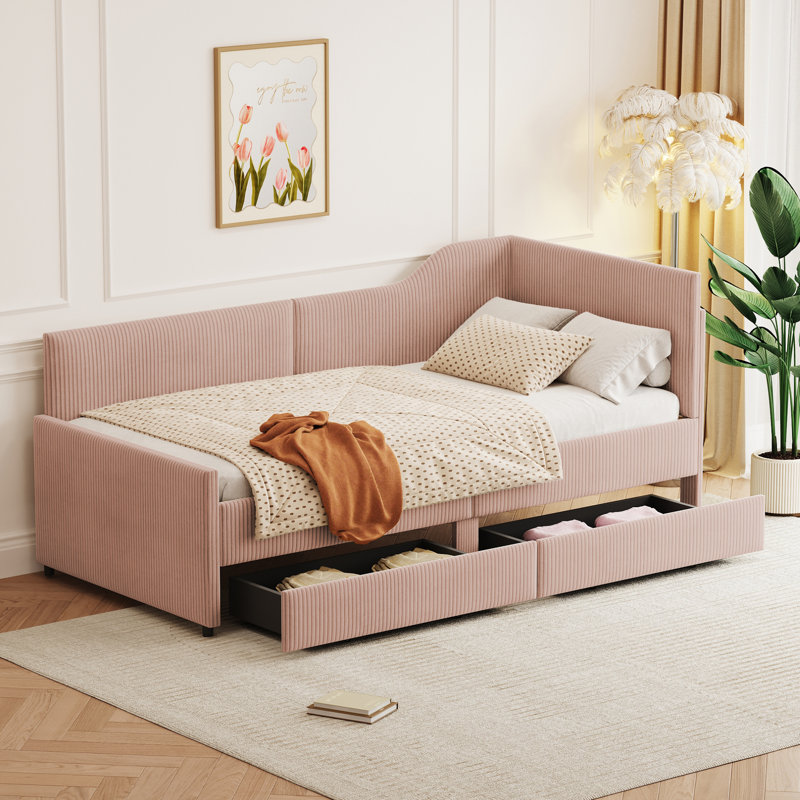 Lit de jour simple en forme de L en velours côtelé, base de lit tapissier avec 2 tiroirs de rangement intégrés pour une conception confortable et pratique.