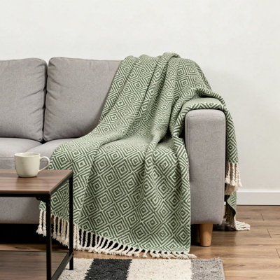50" X 60" Green Cotton Woven Geometric Throw Blanket with Fringe