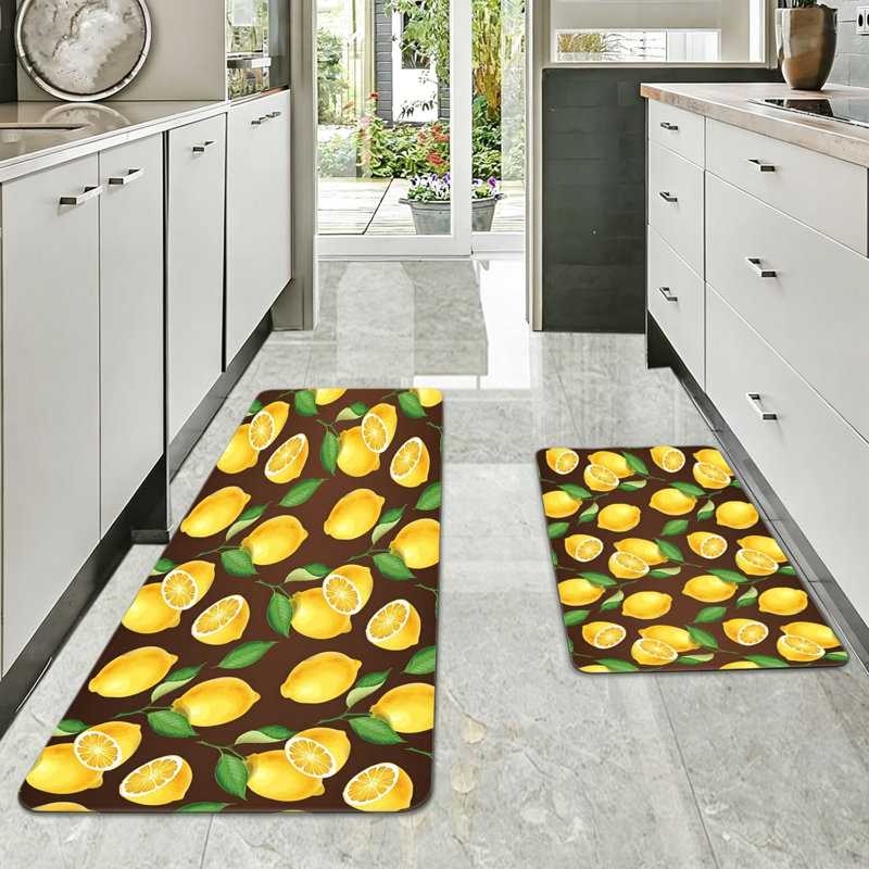 Set of 2 Lemon Print Kitchen Area Rugs, Kitchen Dining Room, Brown