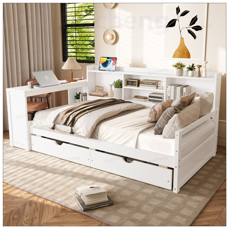 Lit de jour d'angle avec rangement, bureau, port de charge et bibliothèque pour une vie moderne et efficace, White