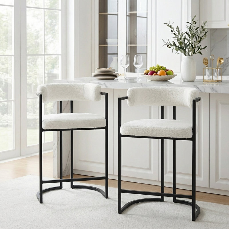 Tabouret Kojno, Tabouret de comptoir (siège d'une hauteur de 26 p, Siège blanc / cadre noir