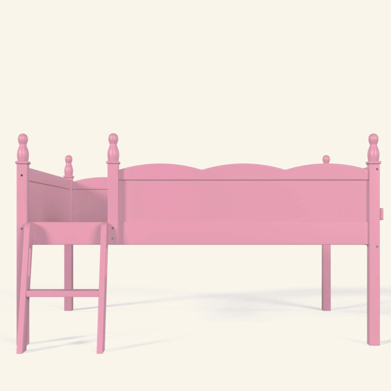 Lit mezzanine avec garde-corps pleine longueur, lit mezzanine bas en bois massif avec échelles et tablette à côté, forme chic et conception à profil bas
