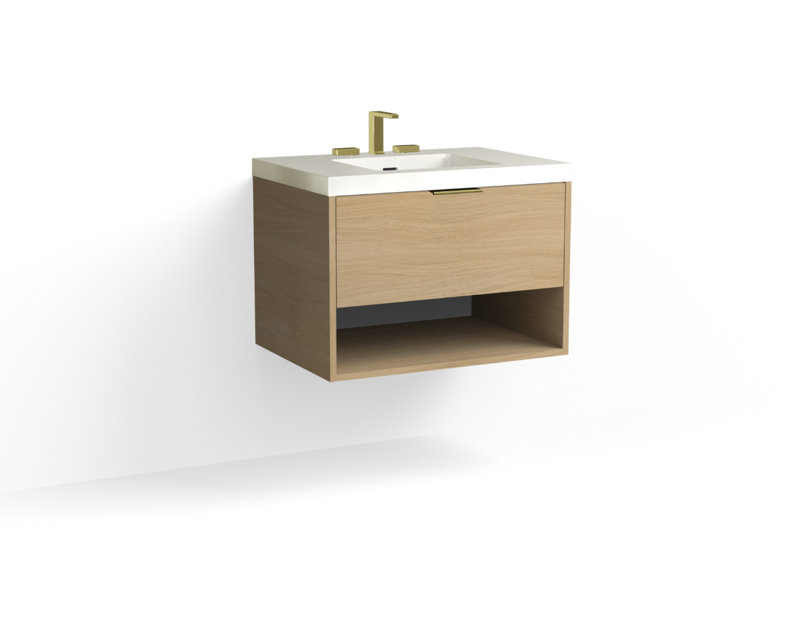 Modo 30" W Wall Mounted Single Bathroom Vanity, Glossy White/8" Widespread, Nocino, Satin Nickel