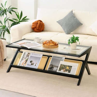 Table basse en bambou, table basse d'appoint en rotin avec plateau en verre, tables centrales en bois de style Mid-Century, tables d'appoint modernes avec rangement pour le salon, noyer