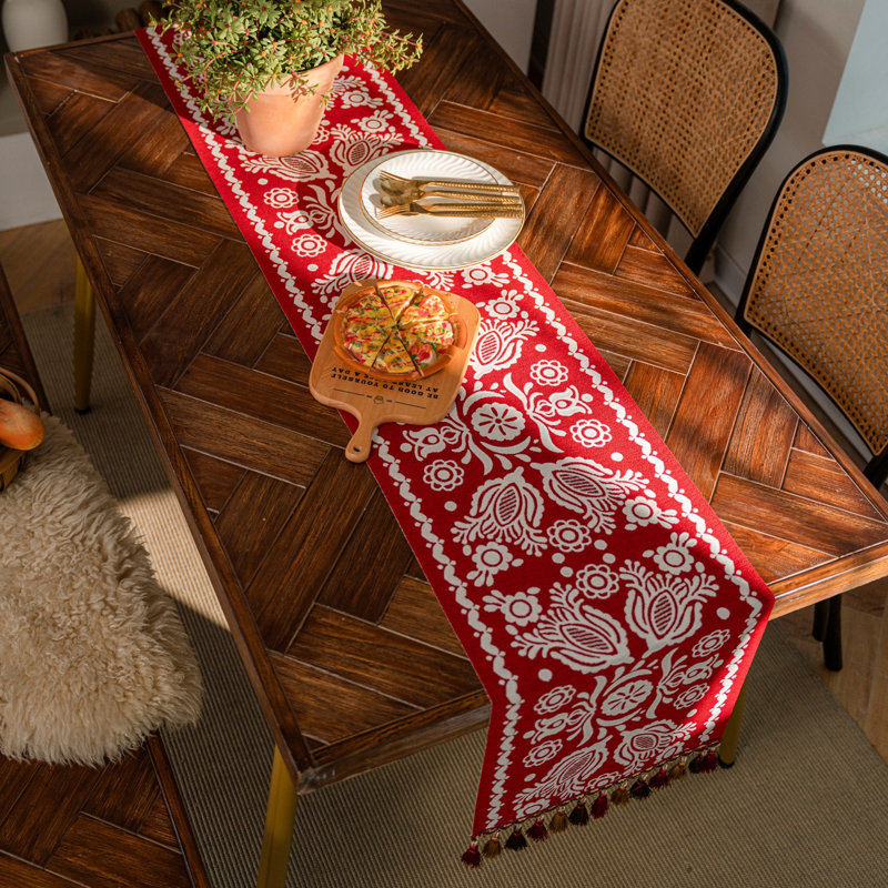Cotton Linen Farmhouse Table Runner With Tassels, 14" x 86"