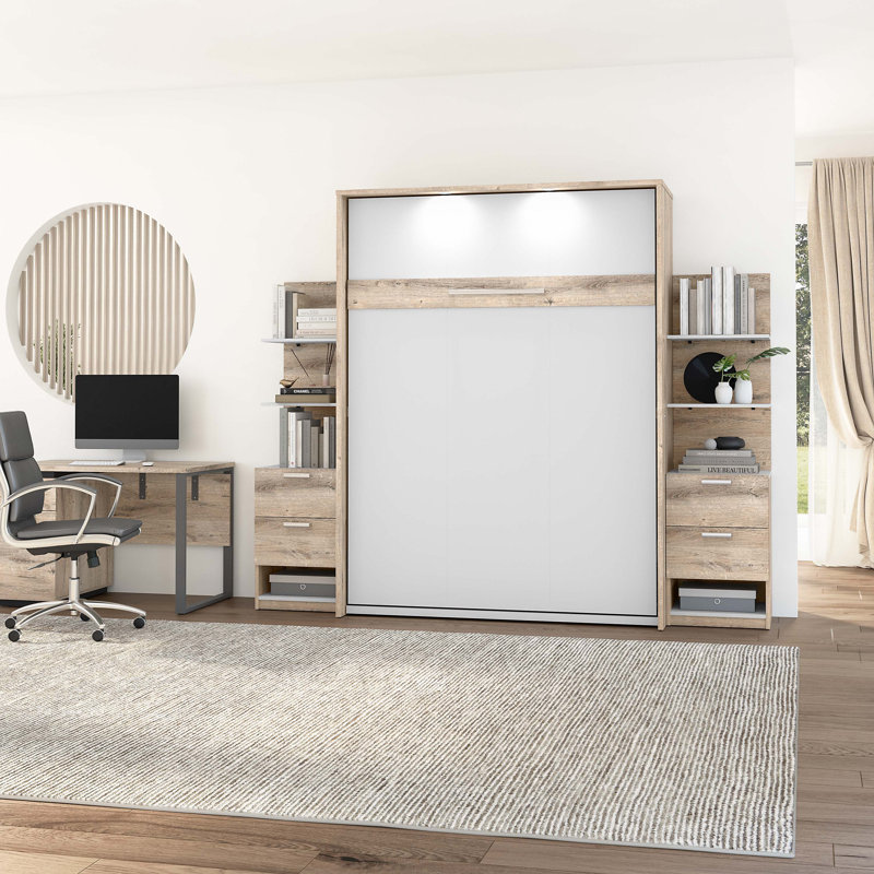 Osterman Murphy Bed with Nightstands and Floating Shelves, Queen, Rustic Brown & White