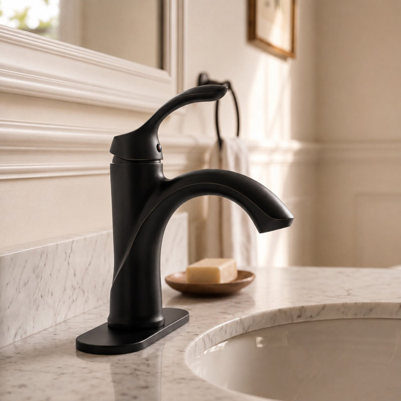 Robinet de lavabo de salle de bain monocorps et monocommande avec plaque de pont et drain Kore, Bronze frotté à l'huile