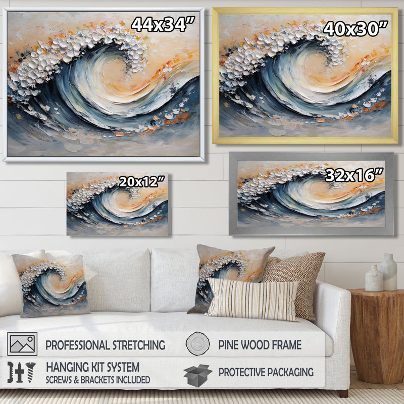 Onnen, grandes vagues de l'horizon côtier abstrait - Minimalisme abstrait, art mural, H 12 po x l 20 po, Cadre flottant