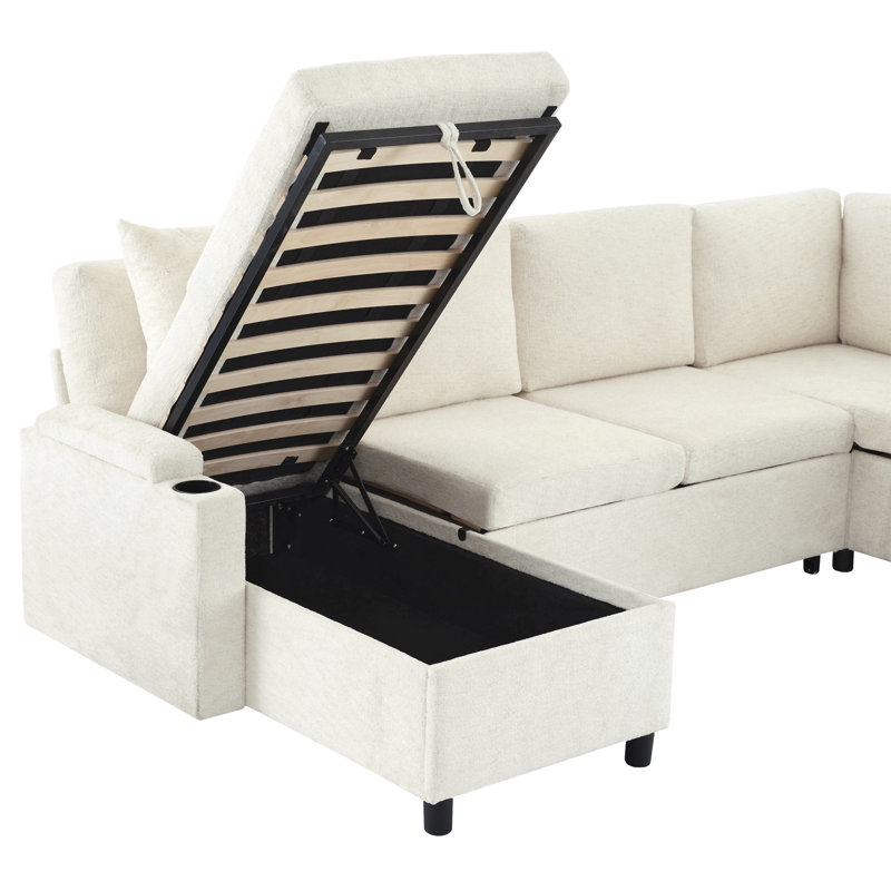 Canapé modulaire 109,9 po Canapé-lit polyvalent Canapé-lit en forme de U avec un grand espace de rangement, deux porte-gobelets et des ports de chargement pour le salon