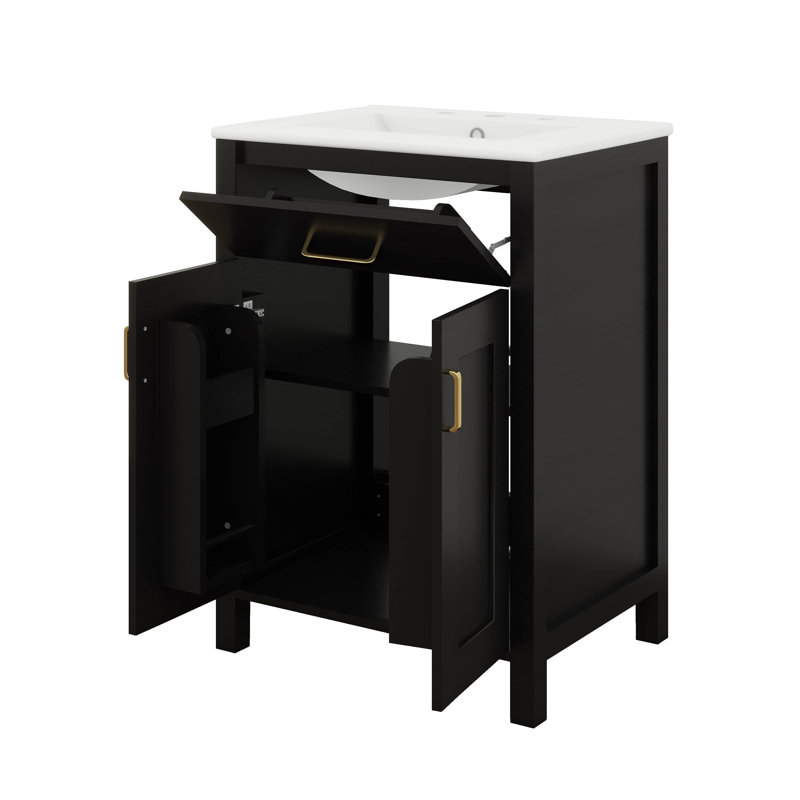 Meuble-lavabo de 24 po avec lavabo en céramique, armoire avec 2 portes à fermeture en douceur, armoires de lavabo encastrées avec tiroir rabattable