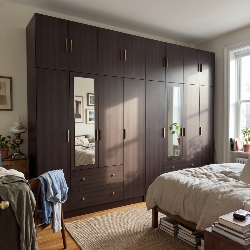 Grande armoire-penderie à 16 portes avec 2 miroirs pleine longueur, 4 tiroirs, étagères et garde-robe, Natural