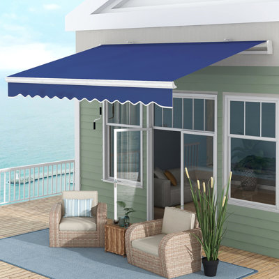 Auvent rétractable 13 pi x 8 pi pour terrasse, bleu foncé. Et eau - tissu, aluminium. Manivelle silencieuse. Réduit la chaleur. Convient à diverses surfaces. Patio, balcon, auvent de balcon de cour. Parasol avec
