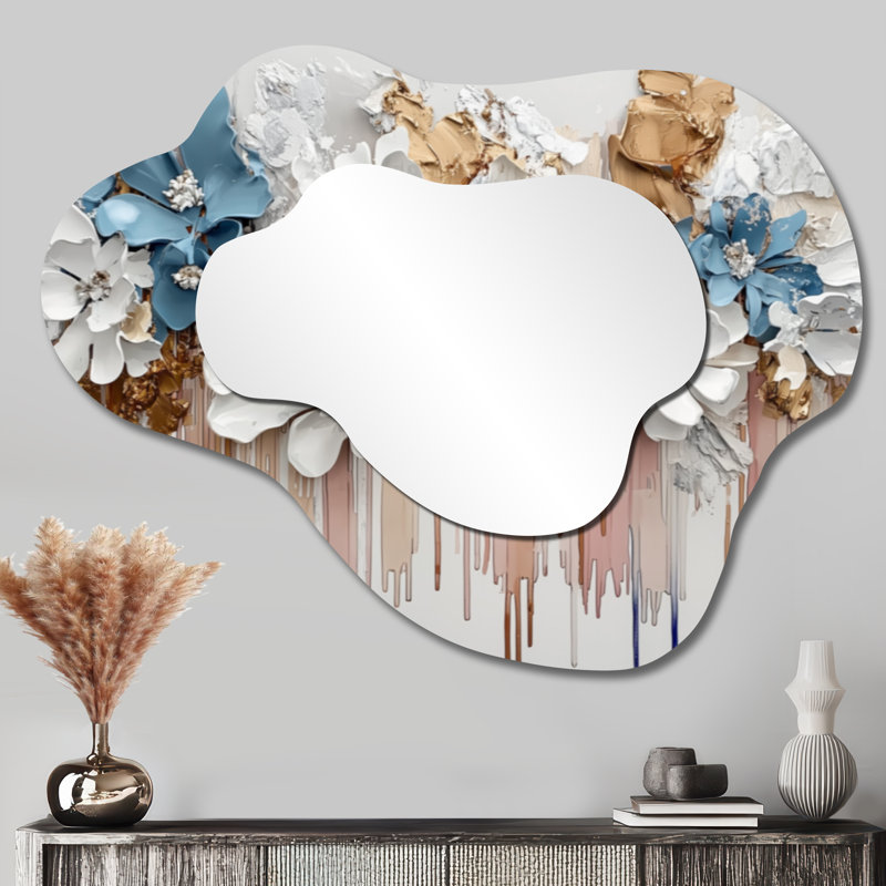 Rhythmic Drizzle Liquid Ink Flowers I - Floral Irregular Asymmetrical Mirror, Traditional Wall Mirror, Printed on Metal