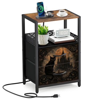 2 Fabric Drawers Night Stand with Charging Station Black Cat Sitting Gothic Balcony Full Moon Haunted Castle Bedroom Bedside Table End Table with Open Shelf USB Ports and Outlets
