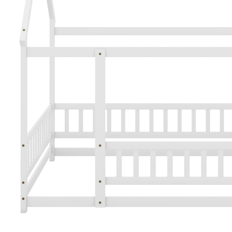 Lit en bois avec structure de toit et garde-corps de sécurité, Lit double, Blanc