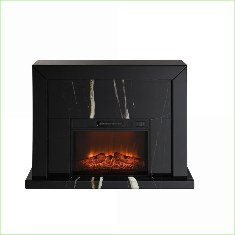 Foyer intérieur, finition miroir noire moderne avec chauffage Firecore | Noir | Bois synthétique