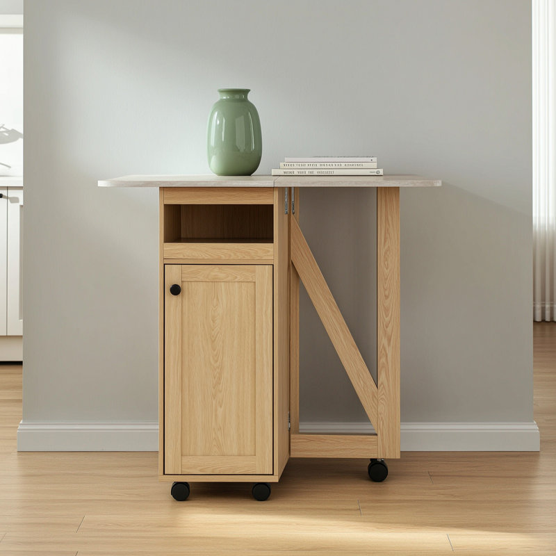 Drop-Leaf Foldable Dining Table With Storage & Lockable Wheels, Slate/Light Oak