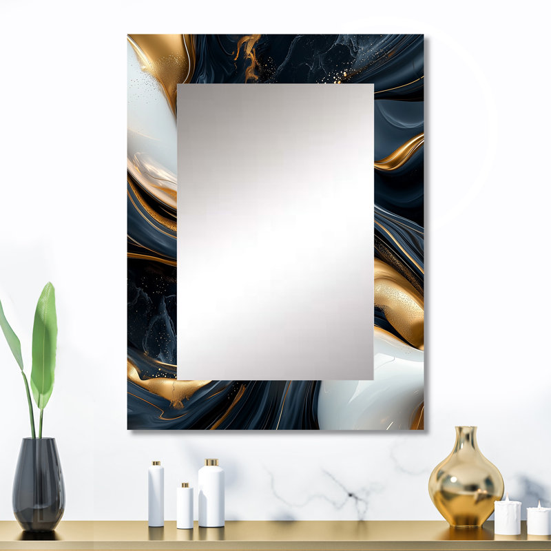 Or et noir captivant marbre II - miroir mural unique Waves, miroir moderne, impression d'art en métal, 32 po x 24 po