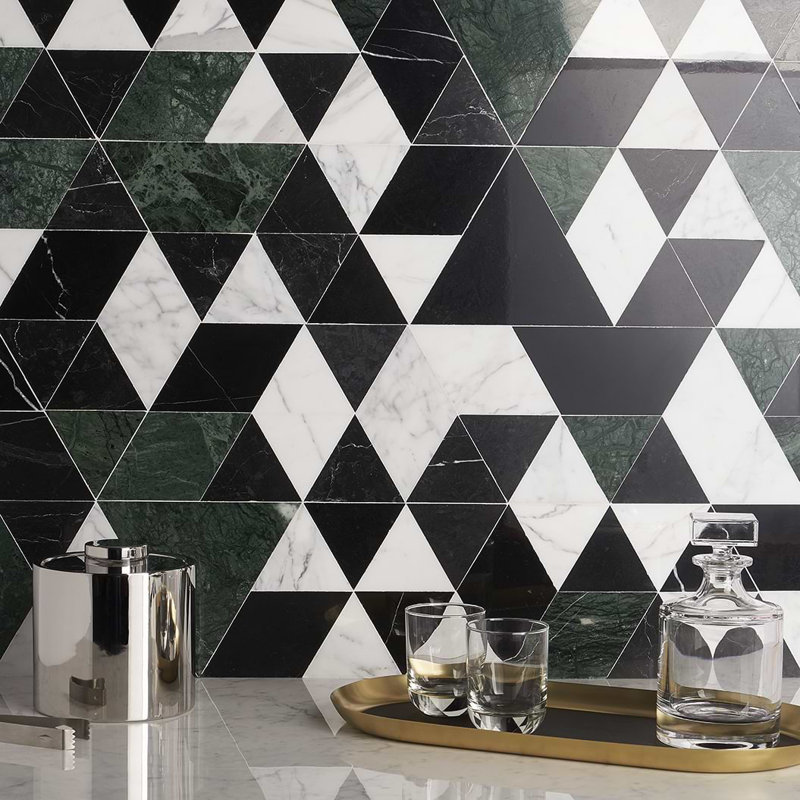 Prism 8x14 Triangle Polished Marble Mosaic Tile, Verdone Green