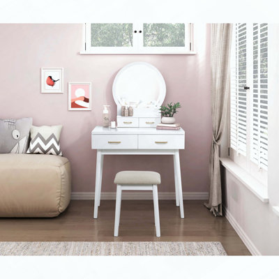 White Finish Vanity Dresser with LED Mirror, 4 Drawers and Stool