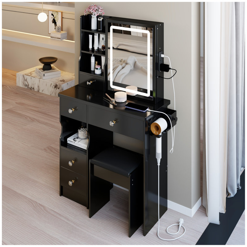 29.2" Small Size Left Drawer Desktop Vanity Table + Cushioned Stool, 2 AC+2 USB Power Station, Hair dryer bracket, Extra Large Touch Control Sliding LED Mirror, Tri-color Switching, Brightness Adjust