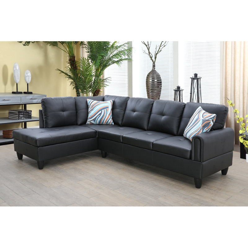 Renford Upholstered L-Shaped Sectional, Left Hand Facing, Black Faux Leather