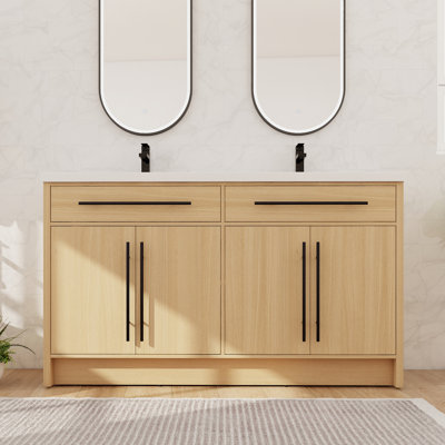 Ensemble de meuble-lavabo double 60 po avec lavabo en résine, comptoir sur pied avec 4 portes et 2 tablettes
